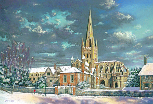 Snowy Morning at Norwich Cathedral - pastel by Jon Asher