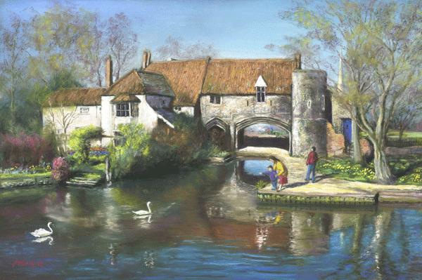 Pulls Ferry in Spring, Norwich - pastel by Jon Asher